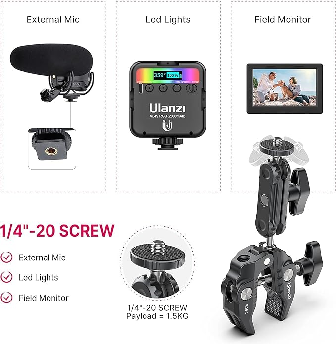 ULANZI Super Clamp Camera Clamp Mount Monitor 360° Ballhead Magic Arm Double Ball Head Adapter with 1/4"-20 & 3/8"-16 Thread ST-07 Phone Tripod Mount