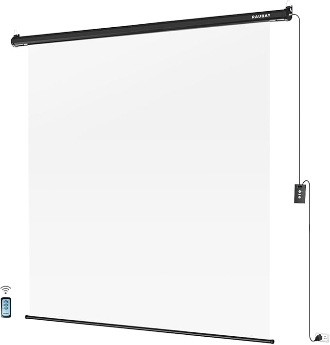 RAUBAY Motorized Pull Down White Screen Backdrop - 78.7" x 86.6" Collapsible Wall-Mount Background for Professional Video Production, Photography Studio, Video Conferencing and YouTube, TikTok Creator