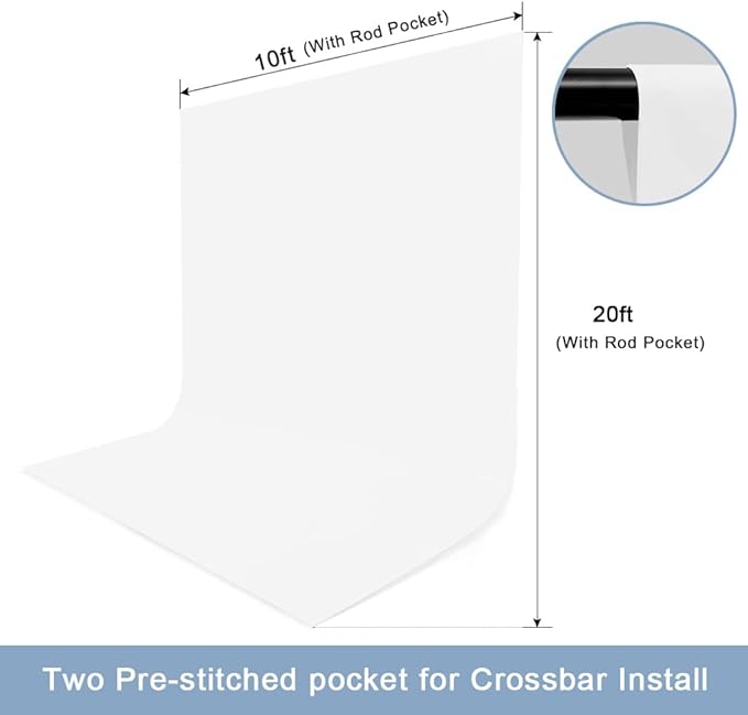 10X20ft White Photo Backdrops for Photography, LCUIRC Two Rod Pocket Backdrops Curtain for Parties, Polyester Background with 4 Clamps for Product Protrait Photoshoot or Parties Decoration