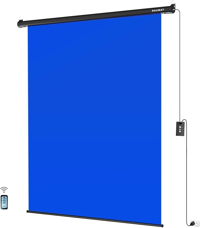 RAUBAY Motorized Pull Down Blue Screen - 59.8" x 86.6" Collapsible Wall-Mount Background for Professional Video Production, Chroma Key Backdrop for YouTube, TikTok, Streaming, Video Conferencing