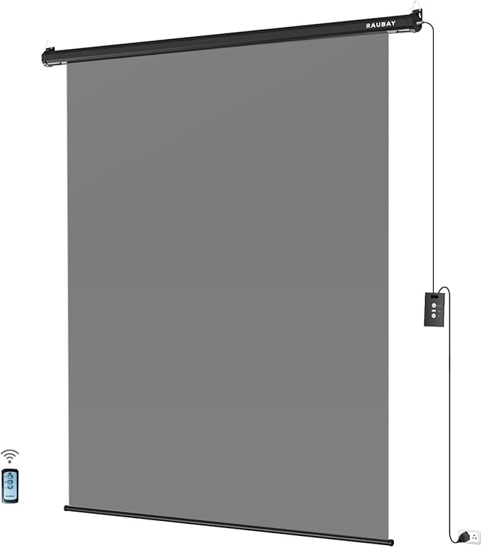 RAUBAY Motorized Pull Down Grey Screen Backdrop - 59.8" x 86.6" Collapsible Wall-Mount Background for Professional Video Production, Photography Studio, Video Conferencing and YouTube, TikTok Creator