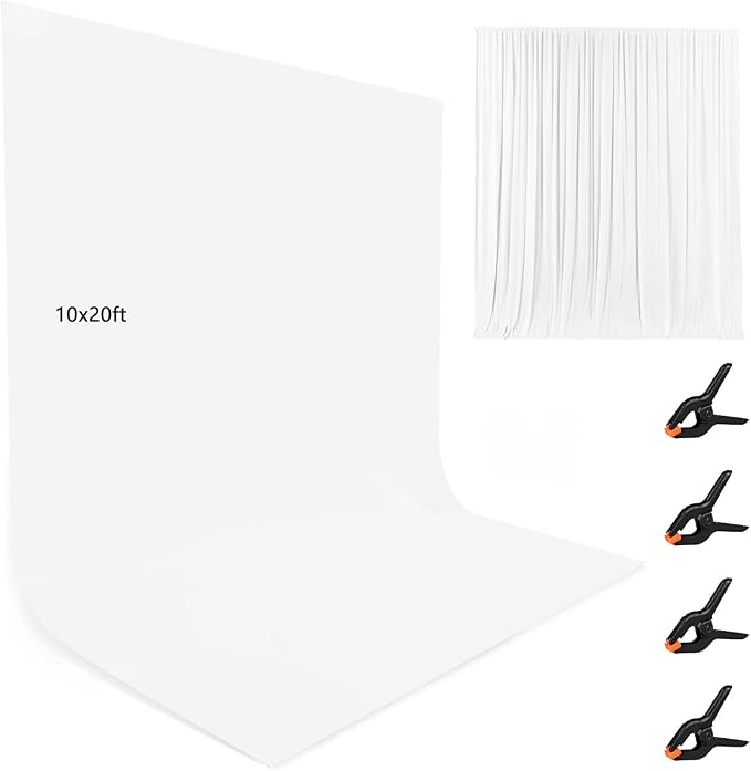 10X20ft White Photo Backdrops for Photography, LCUIRC Two Rod Pocket Backdrops Curtain for Parties, Polyester Background with 4 Clamps for Product Protrait Photoshoot or Parties Decoration