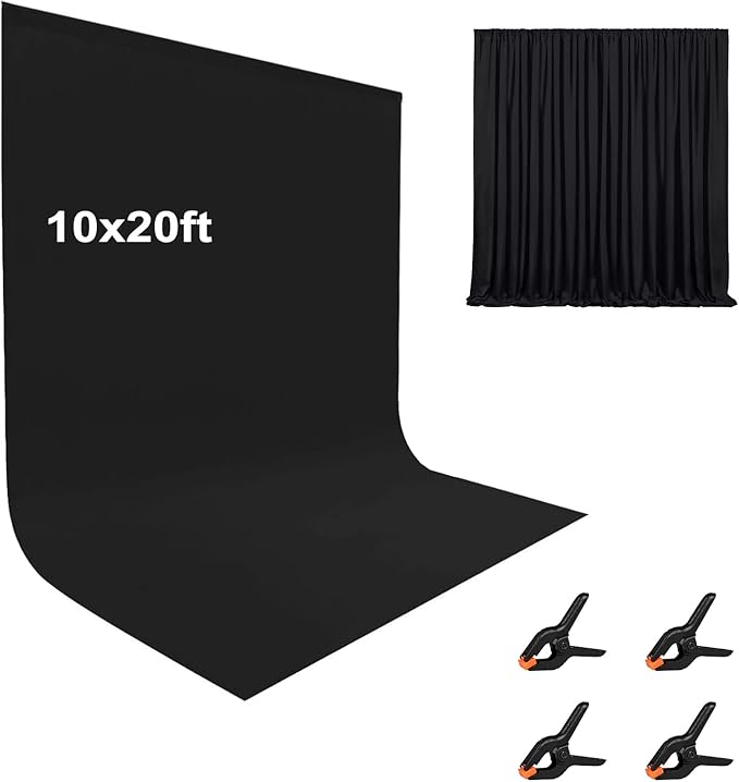 10X20ft Black Photo Backdrops for Photography, LCUIRC Two Rod Pocket Backdrops Curtain for Parties, Polyester Fabric Background with 4 Clamps for Product Protrait Photoshoot or Parties Decoration