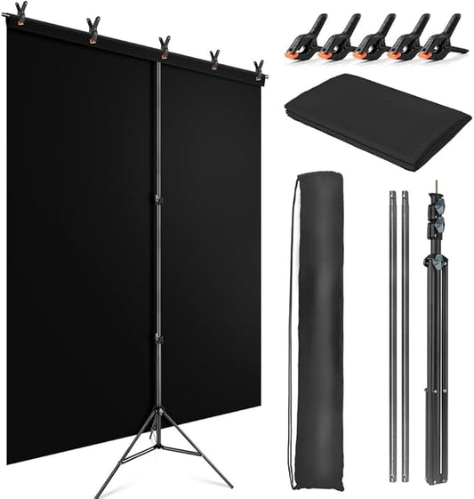 Black Backdrop Background with Stand for Photoshoot, 5x6.5ft Black Photo Backdrop Curtain Cloth with Background Support Stand, 5 Spring Clamps& Carrying Bag for Party Photography Video Studio