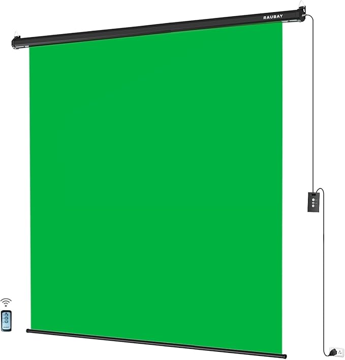 RAUBAY Motorized Pull Down Green Screen - 78.7" x 86.6" Collapsible Wall-Mount Background for Professional Video Production, Chroma Key Backdrop for YouTube, TikTok, Streaming, Video Conferencing