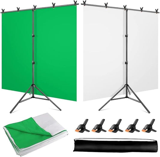 2-in-1 White Backdrop Green Screen Backdrop Stand Kit, 5x6.5 ft Greenscreen Background with Stand for Streaming, Zoom, Photography, Video with Clips & Carrying Bag