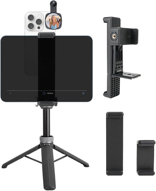 Large Screen Teleprompter Holder for Tablet/Phone with Extendable Tripod, Dual-Clamp Design with Interchangeable 3 Sizes of Clamps. Perfect for Live Streaming/Recording/Video Conference
