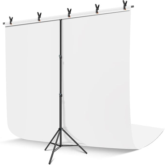 White Backdrop with Stand, 6x9 ft White Photo Backdrop Curtain with 6.3x6.5 ft Background Stand, Portable Back Drop Support Kit with Carrying Bag, 5 Strong Spring Clamps