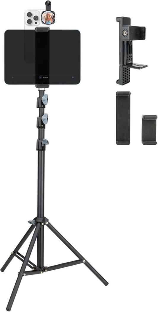 Large Screen Teleprompter Holder for Tablet & Phone with 70.8" Extendable Tripod, Dual Device Design, Compatible with iPad/iPhone/Samsung and More. Perfect for Live Streaming/Video Recording