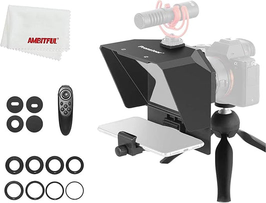 AMBITFUL Portable Teleprompter Kit - 7.5'' Mini Teleprompter with Desktop Tripod &Remote Control for Phone and DSLR Recording