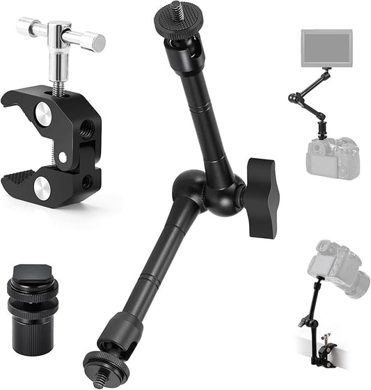 TARION Magic Arm with Super Clamp - 11in/28cm Adjustable Articulating Friction Camera Mount & Clamp with 1/4"" and 3/8"" Thread for LCD Monitor LED Light Flash Light Phone Action Cam, Black