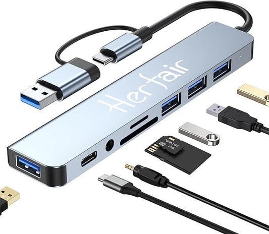 USB Hub 3.0 USB C Hub with SD Card Reader Audio Jack 8 in 1 USB Extender Splitter Multiport Dongle Adapter for MacBook Pro Air and More PC/Laptop/Tablet Devices