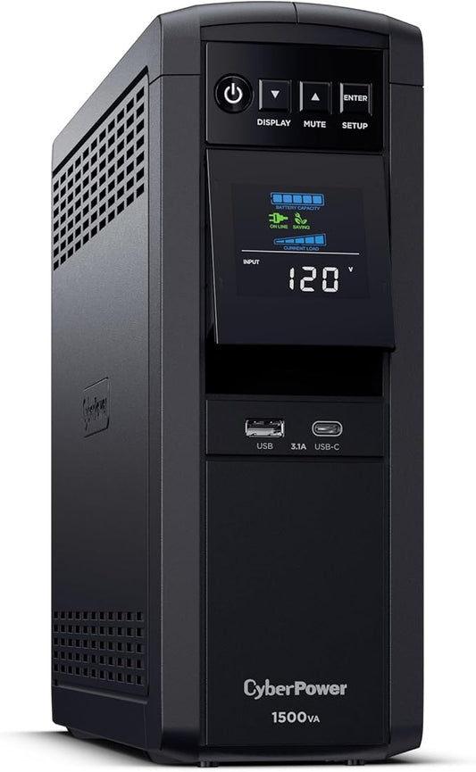CyberPower CP1500PFCLCD PFC Sinewave UPS Battery Backup and Surge Protector, 1500VA/1000W, 12 Outlets, AVR, Mini Tower; UL Certified