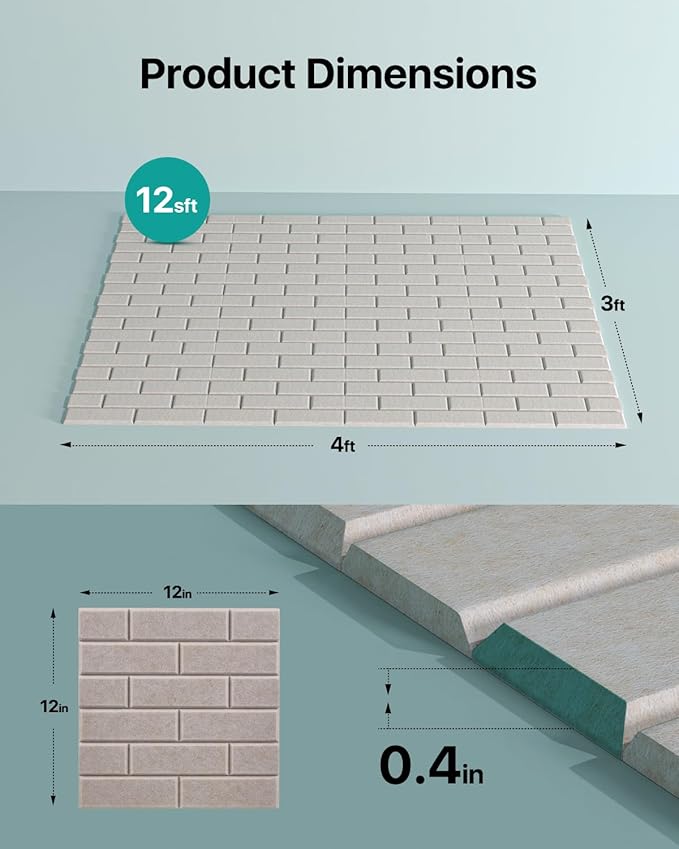 Soundsbay Acoustic Wall Panels, Self Adhesive Acoustic Panels, 12 Pack Brick Soundproof Wall Panels High Density Sound Panels for Walls, Office,Reccording Studio, Ceiling 12" X 12" X 0.4" Beige