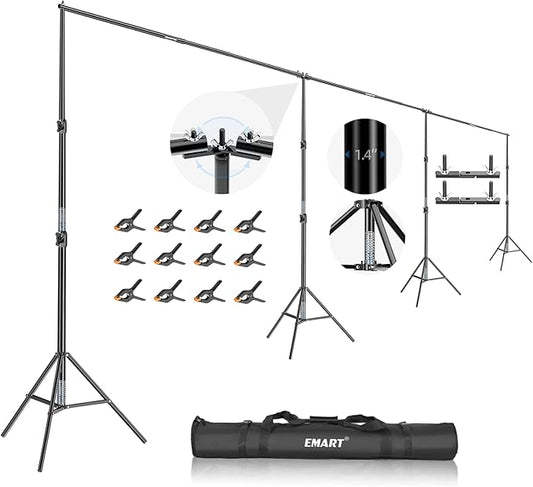 EMART Back Drop Adjustable Stand,30X10ft Backdrop Stand Heavy Duty Photography Background Support System Kit with 300° Angle Rotatable Connector and 12 Spring Clamps for Parties,Wedding,Photo Studio