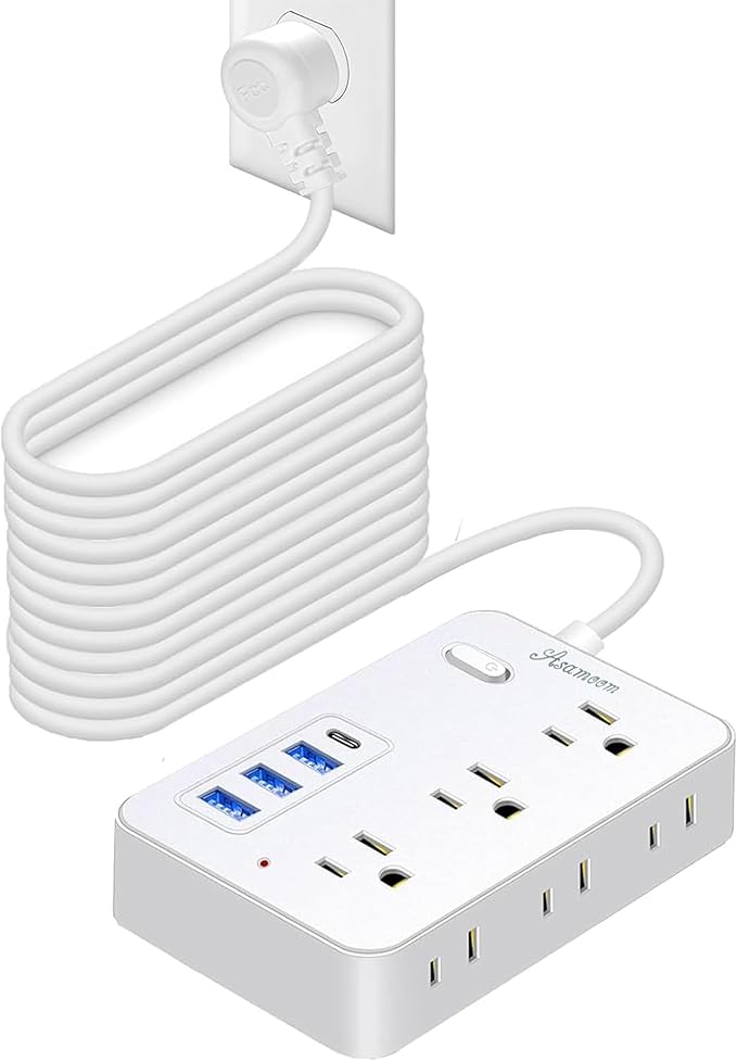 20 FT Extension Cord with Multiple Outlets, Asamoom 20 ft Surge Protector Power Strip with 6 Outlets with 4 USB Ports(1 USB C)，Flat Plug with Long Cord 1700 Joules Protection for Home Office White