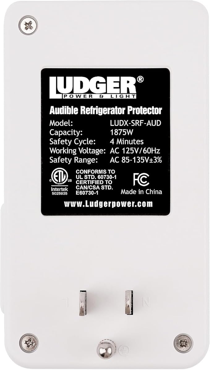 Ludger Power Surge Protector for Appliances (LUDX-SRF-AUD), ETL Certified, Appliance Surge Protector Refrigerator 90 Degrees, Connects to All Types of AC, Unique Side Socket, Audible Alarm