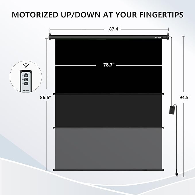 RAUBAY Motorized Pull Down Black Screen Backdrop - 78.7" x 86.6" Collapsible Wall-Mount Background for Professional Video Production, Photography Studio, Video Conferencing and YouTube, TikTok Creator