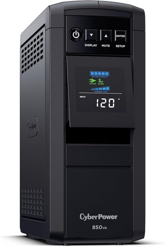 CyberPower CP850PFCLCD PFC Sinewave UPS Battery Backup and Surge Protector, 850VA/510W, 10 Outlets, AVR, Mini-Tower; UL Certified