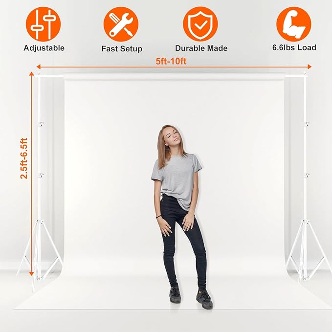 iMounTEK Backdrop Stand Photo Video Studio, 10Ft Wide Adjustable Backdrop Stand, Background Support System Kit with Clamps Carry Bag for Photography/Wedding/Party Decoration(White)