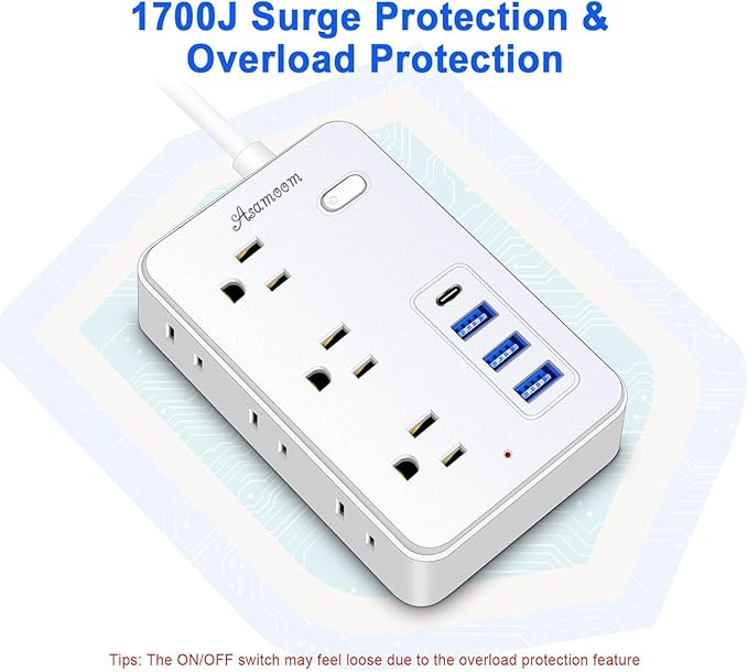 15 FT Extension Cord with Multiple Outlets, Asamoom 15 ft Surge Protector Power Strip with 6 Outlets with 4 USB Ports(1 USB C)，Flat Plug with Long Cord 1700 Joules Protection for Home Office White