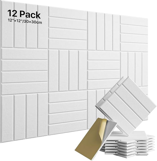 12 Pack Sound Proof Foam Panels for Walls, Self-Adhesive Acoustic Panels Sound Absorbing, 12" X 12" X 0.4" High Density Soundproof Wall Panels Tiles for Door, Ceiling, Home Office, White