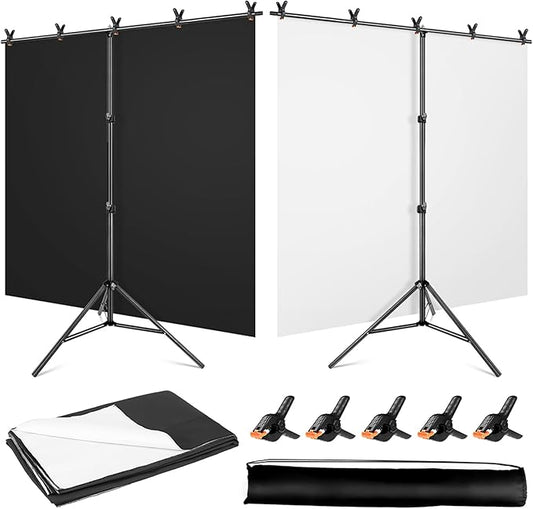 Black White Backdrop Screen with Stand Kit 5x6.5ft for Photo Video Studio, 2-in-1 Revisible Black Backdrop White Screen with T-Shaped Photography Background Support Stand and 5 Clamps