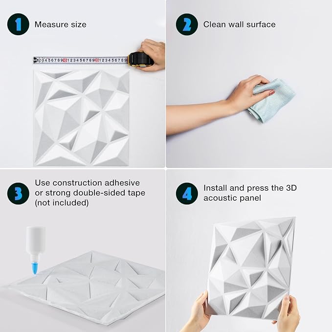 Acoustic 3D Wall Panels, 12 Pack Square Sound Proof Panels for Interior Wall Décor, Hollow Sound Absorbing Panel for Studio, Living Room, Home, Hotel, 12''x12'' Cover 12 sq ft, Thin style, White
