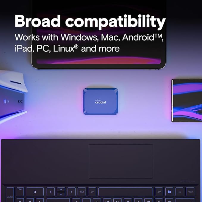 Crucial X10 8TB Portable SSD, Up to 2,100MB/s, USB 3.2 USB-C, External Solid State Drive, Compatible with Windows, Mac & Android, Durable Storage for Games, Photos & Files, Blue - CT8000X10SSD9-02