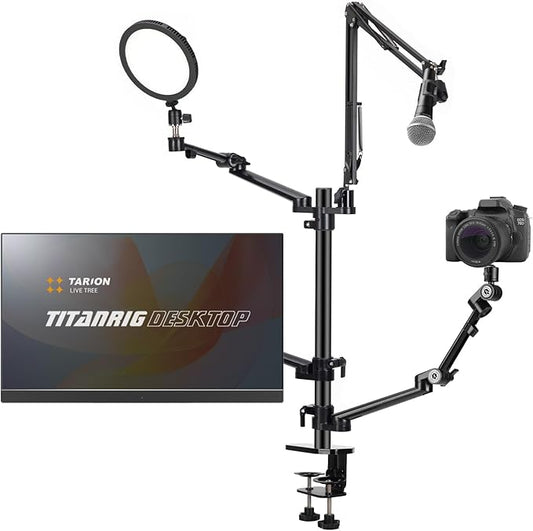 TARION Overhead Camera Desk Mount: 4-in-1 Heavy Duty Mount Set with 1 Mic Boom Stand + 3 Articulating Arms for DSLR Cameras Ring Light Monitor Laptop - Live Stream Stand TitanRig Desk