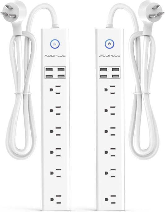 2 Pack Power Strip Surge Protector Flat Plug - 6 Widely Spaced Outlets 4 USB Charging Ports, 2100J/10A with 6Ft Long Extension Cord, Overload Surge Protection, Wall Mount for Home Office