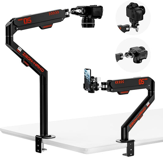 Overhead Camera Mount with 360° Adjustable Arm & Phone Holder for TikTok Live Streaming Photography Studio Content Creation, Desk Mount for for DSLR Camera/Webcam/Microphone, Black