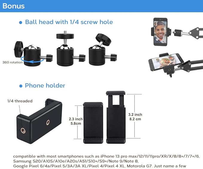 Overhead Tripod Mount for Camera Webcam Ring Light, Flexible Over Head Arm for iPhone with Phone Holder and Ball Head, Table Stand Accessory for Phone Video Recording Live Stream