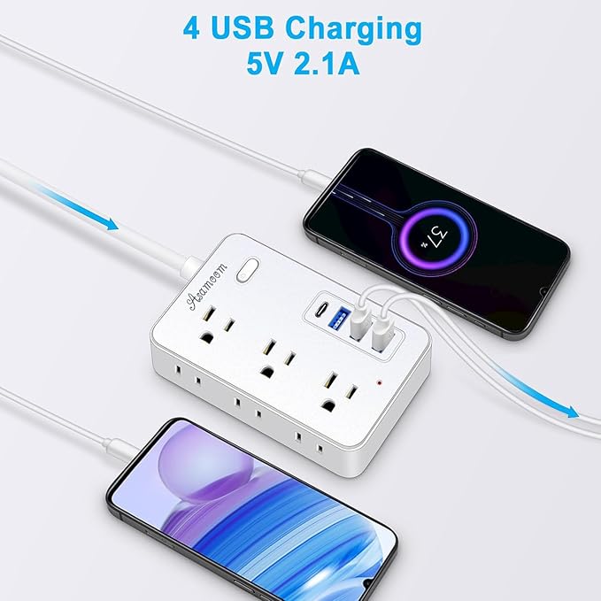 15 FT Extension Cord with Multiple Outlets, Asamoom 15 ft Surge Protector Power Strip with 6 Outlets with 4 USB Ports(1 USB C)，Flat Plug with Long Cord 1700 Joules Protection for Home Office White