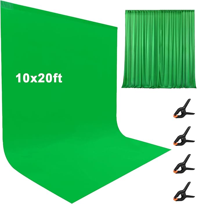10X20ft Large Green Screen Backdrop for Photography, LCUIRC Two Rod Pocket Chromakey Collapsible Green Polyester Curtain with 4 Clamps for Photography, Zoom Meeting and Game Live Steaming
