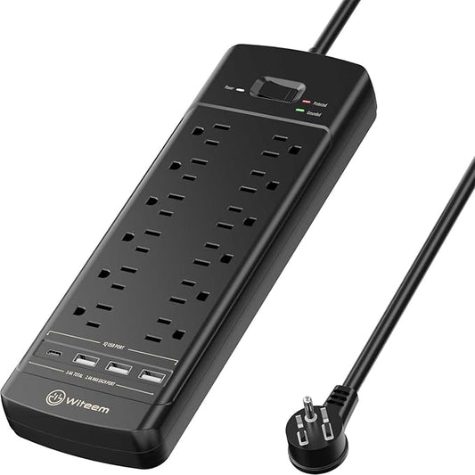 Surge Protector Power Strip - 12 Outlets,3 USB+USB-C 3.4A Ports, 6Ft Extension Cord, 1875W/15A, 4360Joules, Overload Protection - Ideal for Home & Office Use (Black-USBC)