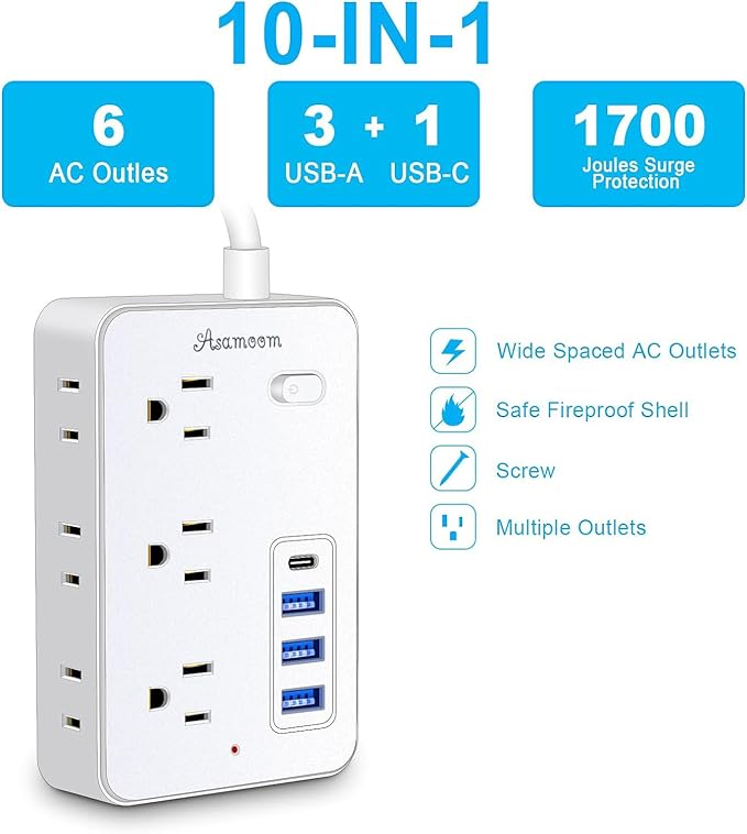 20 FT Extension Cord with Multiple Outlets, Asamoom 20 ft Surge Protector Power Strip with 6 Outlets with 4 USB Ports(1 USB C)，Flat Plug with Long Cord 1700 Joules Protection for Home Office White
