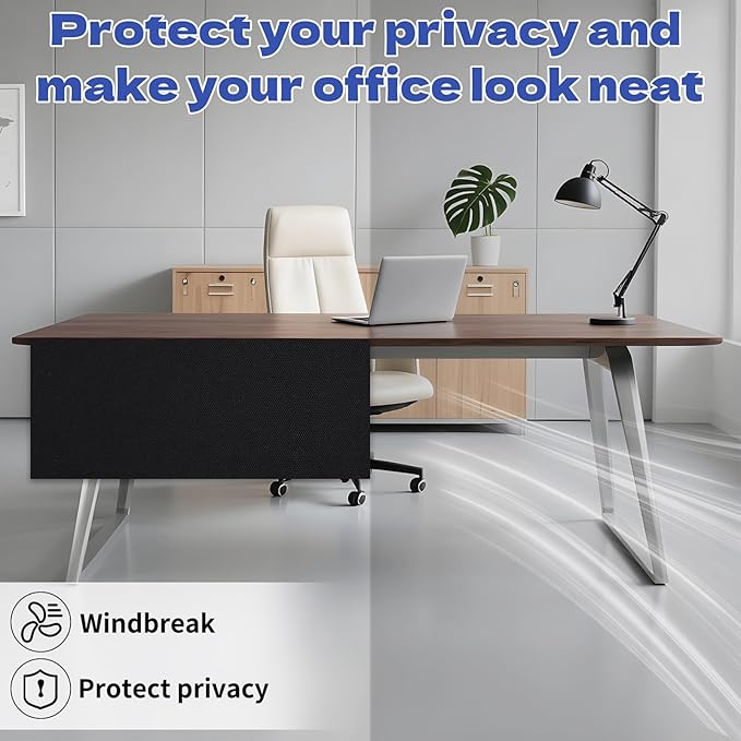 Under Desk Privacy Panel, 62"x15" Self-Adhesive Modesty Screen, Heavy Duty Canvas Skirt for Easy Privacy on Sit-Stand Desks in Home Studio & Office, Black (2-Pack)