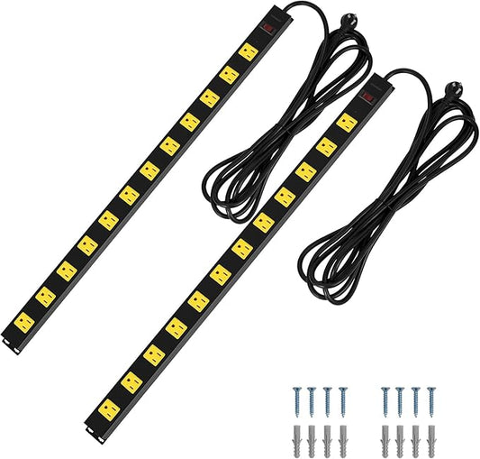 SURAIELEC 12 Outlet Long Metal Power Strip, 15FT Cord Surge Protector, Angled Flat Plug, Wide Spaced Outlet Bar, 15A Breaker, Wall Mountable, Industrial Heavy Duty for Work Bench, Shop, Garage, 2 Pack