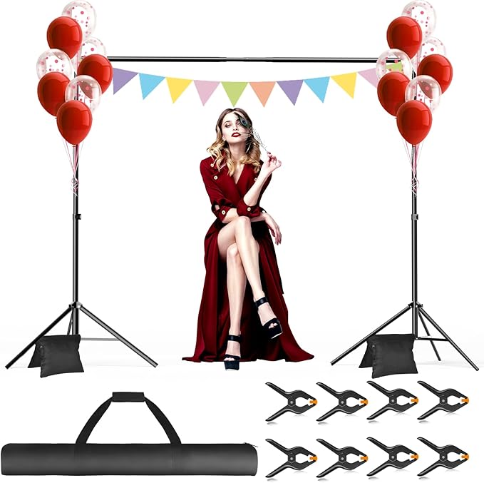 Backdrop Stand, 10x7ft(WxH) Photo Background Stand Adjustable Support Kit with 2 Crossbars, 8 Backdrop Clamps, 2 Sandbags and Carrying Bag for Parties Photography Wedding Decoration