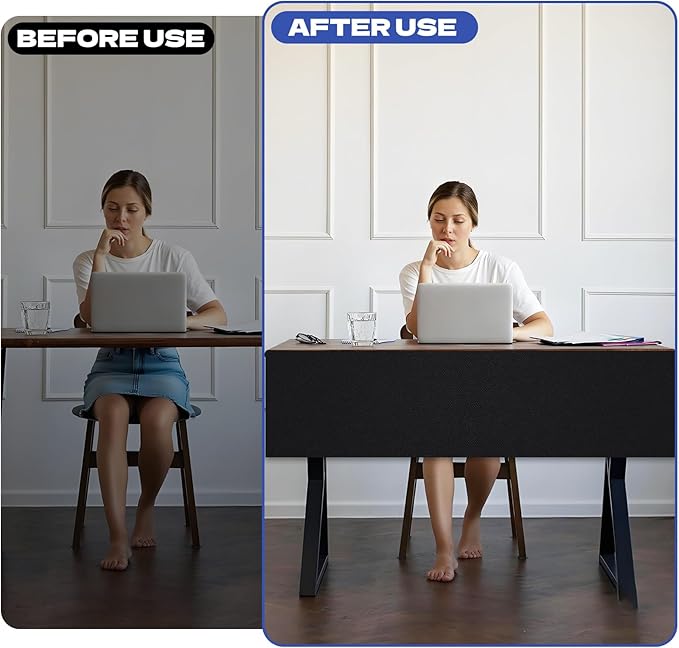 Under Desk Privacy Panel, 62"x15" Self-Adhesive Modesty Screen, Heavy Duty Canvas Skirt for Easy Privacy on Sit-Stand Desks in Home Studio & Office, Black (2-Pack)