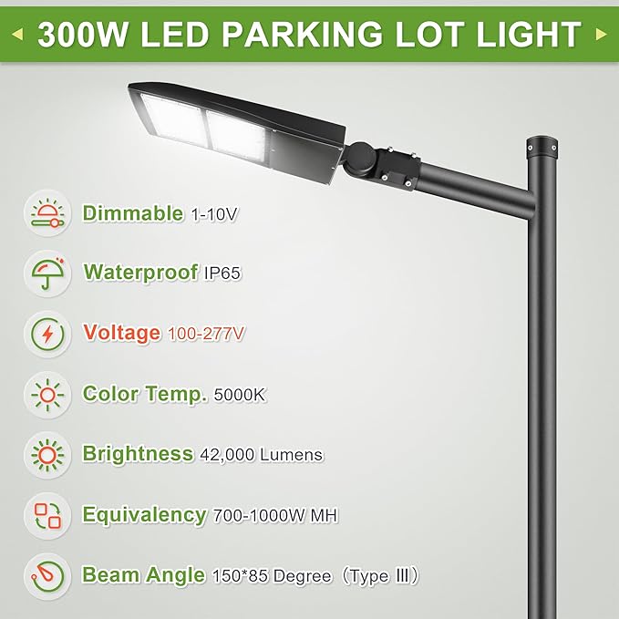 LED Flying Direct 300W LED Parking Lot Lights, 20KV Surge Protection LED Shoebox Lights with Slip Fitter Mount, 5000K 1000W MH/HPS Equiv. 39,000LM - 40,500LM, DLC Premium UL cUL AC 100-277V