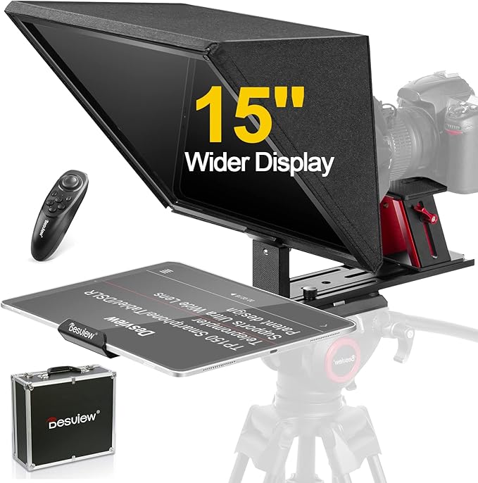 Desview TP150 teleprompter 15 inch High Display Mirror Aluminum Alloy Teleprompter with Remote Control Compatible with ipad DSLR Camcorders Easy Assembly with Carry Case for Video Making