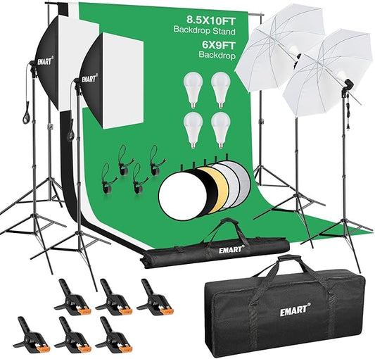 EMART 8.5 x 10 ft Backdrop Support System, Professional Photography Lighting Kit with 5500K 50W LED, 6 * 9ft Backdrop *3, Reflector,Umbrellas&Softbox Lighting Kit for Studio, Portrait, Video Shooting