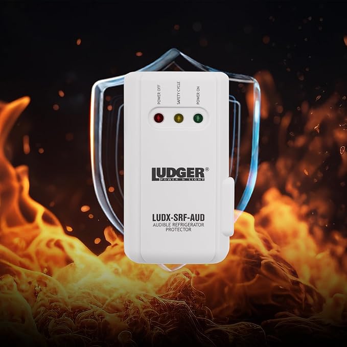 Ludger Power Surge Protector for Appliances (LUDX-SRF-AUD), ETL Certified, Appliance Surge Protector Refrigerator 90 Degrees, Connects to All Types of AC, Unique Side Socket, Audible Alarm