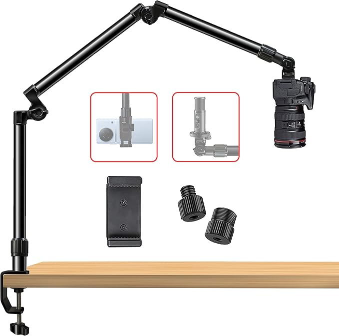 Overhead Camera Mount Desk Stand, Bearing 18lb, Base& Top 360° Adjustable, with 1/4“ 3/8" 5/8" Screw, 3-Section Flexible Articulating Metal Arm for DSLR Camera/Webcam