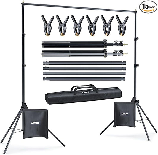 LINCO Backdrop Stand for Parties Kit 10x7 ft Adjustable Back Drop Photography Studio Photo Background Support System with Clamps, Sand Bag, Carrying Bag 4172