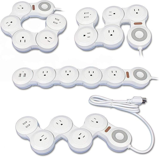 Deformation Power Cord Charger Socket -Flat Plug Power Strip with 2 USB Ports and 4 Multi Outlets, with 6.5FT Extension Cord