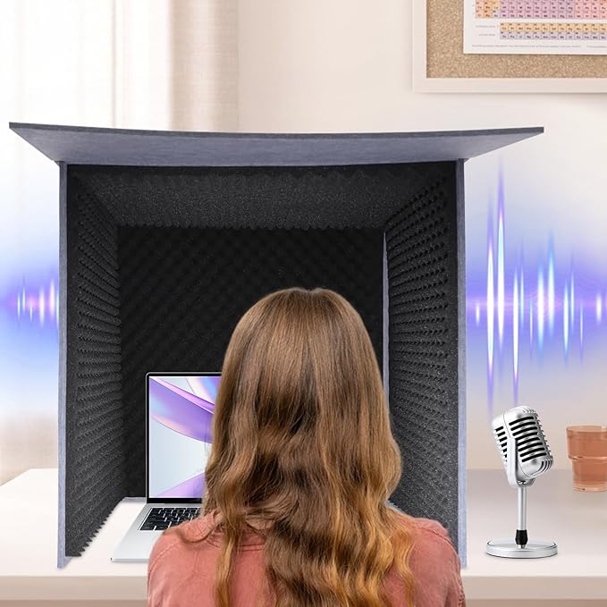Desktop Soundproof Cover, Portable Vocal Recording Booth Isolation Booth Small Music Recording Studio Vocal Sound Absorbing Shield Sound Proof Foam Panels for Offices,Home,Recording Studios (Black)