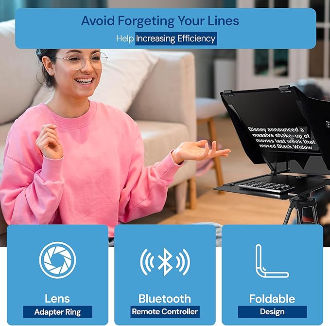 Teleprompter 5.0 12" Compatible with iPad, Tablet, Smartphone and DSLR Camera, Remote or App Control, Compatible with Android and iOS, Ideal for Video Recording, Aluminum Alloy